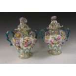 A pair of Coalport pot-pourri Vases with Covers, floral encrusted decoration to covers and vases,