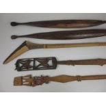 Two Aboriginal Woomeras and three Solomon Island Clubs (Clubs Provenance - the collection of the