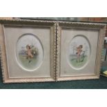 A pair of English porcelain oval plaques, painted Putti with one playing pipes to birds on branch,