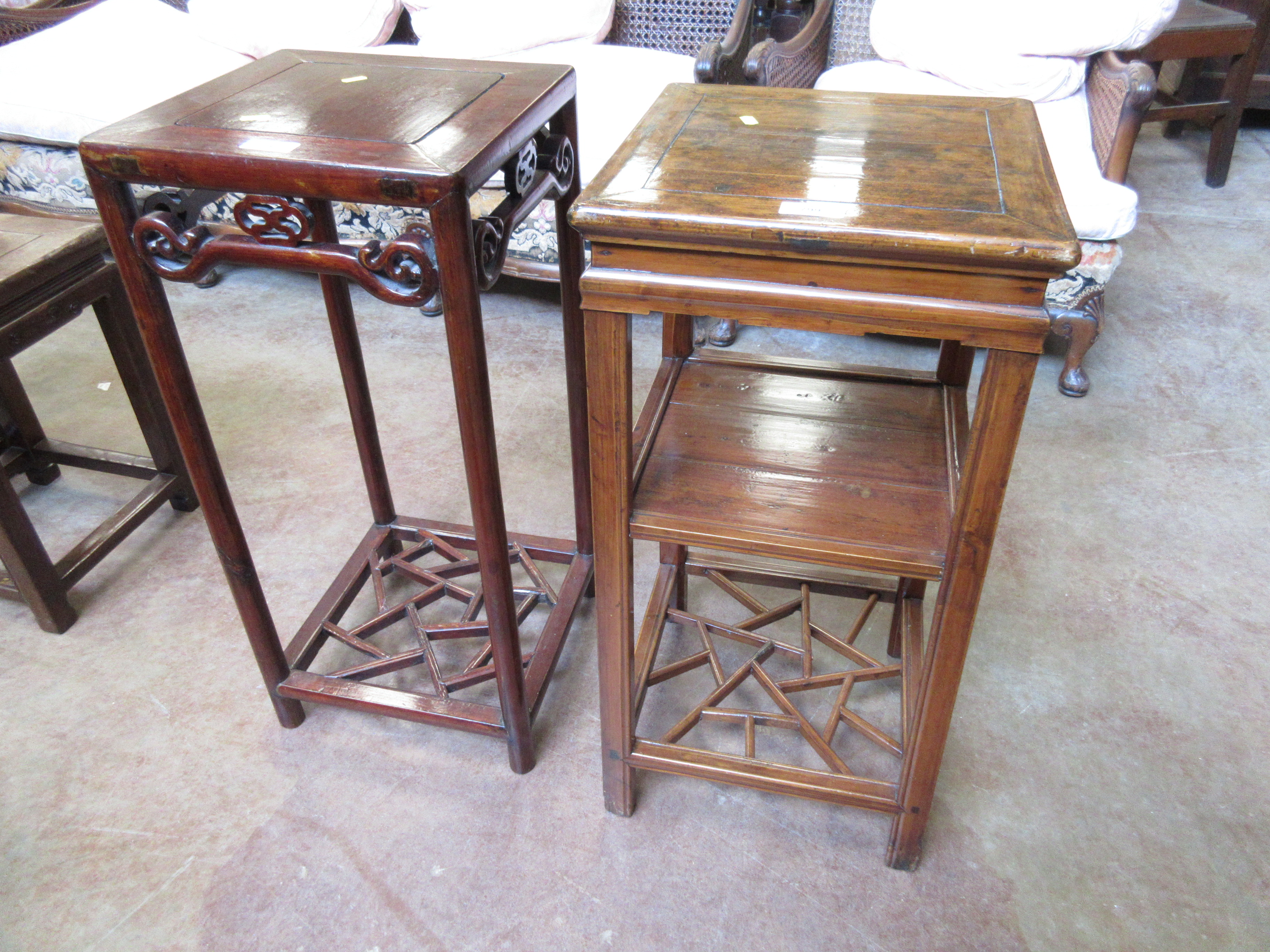 Two Chinese softwood Vase Stands, both square section with trellis bases, one with under tier,