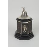 A Victorian silver and tortoiseshell Tea Caddy of octagonal form, the silver cover with bird