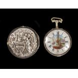 An 18th Century pair cased Verge Pocket Watch with white enamel dial depicting central buildings and