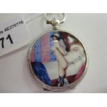A white metal Continental Fob Watch painted a nude female in bedroom