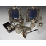 Six silver lidded Jars, Scent Bottles, Dressing Table Accessories, etc, one embossed cherubs, a pair