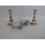 Pair of Walker and Hall plated Butter Dishes with shell bowl, on three dolphin supports having