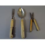 A Collection of Bone Handled Folding Implements to Include Fork/Corkscrew, Spoon,