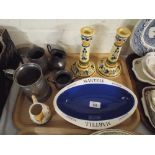 A Tray of Sundries to Include Pewter Tankards Cream Jug and Sugar Bowl,