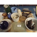 A Tray of Ceramics, Flat Iron, Sainsbury Bloater Paste Pot Etc.