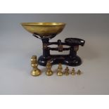 A Set of Brass Mounted Kitchen Scales and Weights.