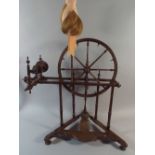 A Pretty Wooden Spinning Wheel with Turned Supports and Spokes. Complete with Ball of Flax.