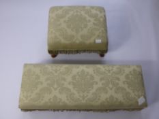 Two Oak Foot Stools, one single and one double, upholstered in green brocade, approx 41 x 34 x 24