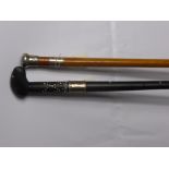 An Ebony Sri Lanka Walking Stick, banded in three sections with silver metal collar together with