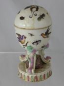 An Antique Hinged Pot and Cover, hand painted with birds and insects, approx 16 cms (possibly
