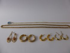 Miscellaneous 9ct Gold Jewellery, including a rope necklace approx 5.7 gms, three pairs of hoop