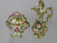 Antique German Porcelain Pot and Cover, the pot encrusted with flowers and hand painted with