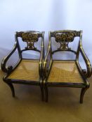 A Pair of 'Thomas Messel' Regency Style Salon Chairs, the chairs having gilded griffin decoration,