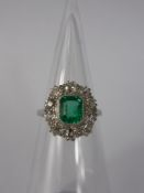 A Lady's White Platinum Diamond and Emerald Cluster Ring, Emerald 6.8 x 5.5 mm, 10 x 10 pt Dias