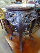 A Chinese Rosewood and Rose Marble Top Plant Stand, approx 28 x 49 cms