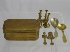 Antique Brass, including a Dutch Tobacco Box, miniature taper candle sticks, caddy spoons and