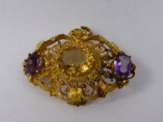 An 18ct Yellow Gold Antique Amethyst & Citrine Filigree Brooch, 2 x 10 x 7 mm Amethysts, 1 x 13 x 10