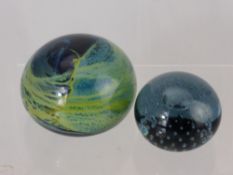 Large Blue Mdina Paperweight with green inclusions, together with a smoky blue paperweight with