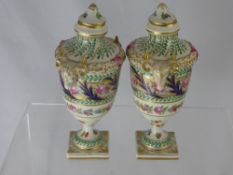 A Pair of Antique Dresden Miniature Urns and Covers, hand painted with rose and laurel garlands