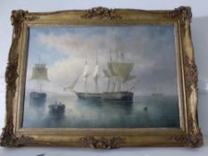James Hardy (20th Century) Oil on Board, depicting Merchant Ships, signed lower right, approx 85 x