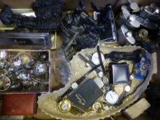 A Box of Miscellaneous Items, including pocket watches, commemorative spoons, lighters, figurines,