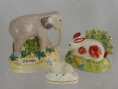 Staffordshire 'Rushton' Pottery Figures, including Jumbo, Rabbit and an earlier lamb. (3)