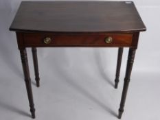 A Regency Bow Fronted Side Table, with single drawer on turned legs, approx 73 x 76  x 44 cms