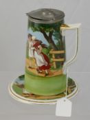 A 19th Century Milk Jug with pewter lid depicting a milk maid and beau together with a butter