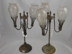 A Pair of Victorian Silver Plated Epergne, the wire epergne having hand etched glass holders.