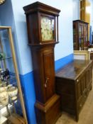 An Antique Oak English Mahogany Long Case Clock, flat-topped hood, with straight column supports,