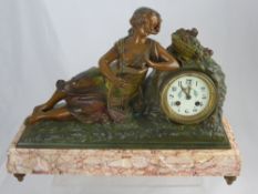 A Bronze and Rose Marble Clock, depicting a reclining lady playing a harp together with a pair of