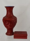 A Chinese Enamel and Cinnabar Lacquer Vase, with intricate floral decoration, approx  30 cms