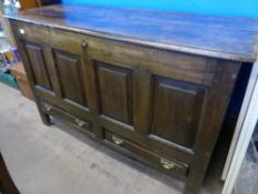 An Antique Oak Panelled Coffer, on stile supports, approx 89 x 137 x 52