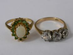 A Lady's 9ct Gold Hallmark Three White Stone Ring, size M together with another emerald and opal