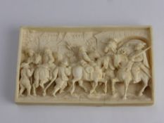 Two 19th Century Dieppe Ivory Panels, intricately carved with medieval battle scenes, approx 9.5 x 6