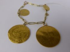 A Lady's Yellow Gold Link Bracelet, with four antique 20-22ct Persian gold coins, approx 7.9 gms,