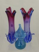 A Pair of 'Studio' Glass Vases approx 30 cms together with a tulip form glass vase, approx 15 cms (