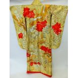 A Gentleman's Japanese Marriage Kimono, beautifully embroidered with red peony on gold ground with