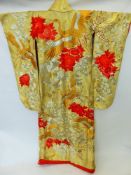 A Gentleman's Japanese Marriage Kimono, beautifully embroidered with red peony on gold ground with