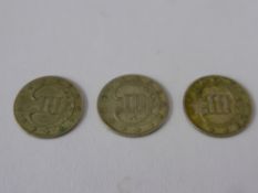 Three United States Silver 3 Cent Coins, including two dated 1851 and one dated 1852, (vgc)