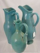 Three Blue Glaze Chinese Style Pitchers, approx 32 cms and 26 cms