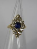 A Lady's 18ct Yellow Gold, Diamond and Sapphire Marquise Ring, Sapp 5 x 5 mm, 14 Old Cut Dias,