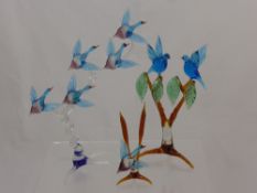 Three Coloured Sculptured Glass Studies, depicting birds in flight and birds seated on a branch