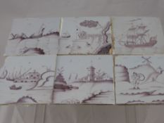 A Quantity of Sepia Delft Wall Tiles, together with three blue and white tiles and three miniature