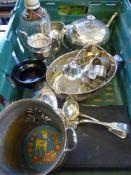 Miscellaneous Silver Plate, including a tea pot, two bon bon dishes, cut glass castor, two trophies,