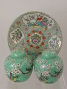 Late 19th Century Chinese Famille Rose Charger, approx 29 cms d together with a pair of Chinese