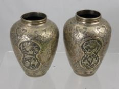 A Pair of Silver Persian Vases, cartouche engraved with birds and flowers, approx 484 gms